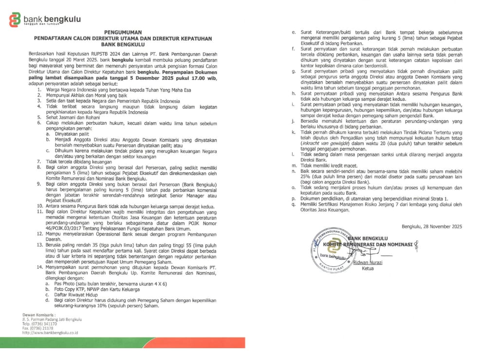 Bank Bengkulu Buka Pendaftaran Calon Direktur Utama